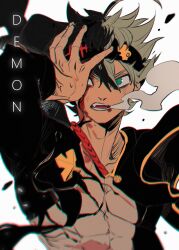 Rule 34 | 1boy, abs, ahoge, asta (black clover), black capelet, black clover, black hair, black headband, caosishao, capelet, detached sleeves, fang, green eyes, grey hair, hand on own head, headband, highres, male focus, multicolored hair, muscular, muscular male, open mouth, pectorals, short hair, smoke, smoke from mouth, solo, spiked hair, white background