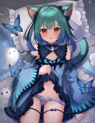 Rule 34 | 1girl, absurdres, animal ears, blue butterfly, blue dress, blue hair, bug, butterfly, cat ears, cat girl, cat tail, clothes lift, detached collar, detached sleeves, dress, dress lift, frilled dress, frills, ghost, gradient hair, grey hair, grey panties, highres, hololive, insect, lifting own clothes, long sleeves, looking at viewer, lying, multicolored hair, navel, nekopurin (nyanko prin), on back, panties, pillow, red eyes, short dress, tail, tissue box, underwear, uruha rushia, uruha rushia (1st costume), virtual youtuber, wide sleeves