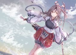 Rule 34 | 1girl, arrow (projectile), blue sky, bow (weapon), cloud, commentary request, dutch angle, feet out of frame, gradient sky, grey hair, hachimaki, hakama, hakama pants, hakama shorts, hakama skirt, headband, high ponytail, highres, japanese clothes, kantai collection, long hair, looking at viewer, muneate, pants, ponytail, quiver, red hakama, red shorts, sa-ya2, shorts, skirt, sky, smile, solo, weapon, zuihou (kancolle)