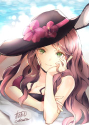 Rule 34 | 1girl, atoatto, breasts, brown hair, cleavage, closed mouth, dorothea arnault, earrings, fire emblem, fire emblem: three houses, fire emblem heroes, flower, green eyes, hat, hat flower, jewelry, large breasts, long hair, lying, nintendo, on stomach, signature, smile, solo, swimsuit