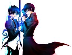 Rule 34 | 2boys, ao no exorcist, blue fire, brothers, face-to-face, fire, gun, male focus, multiple boys, okumura rin, okumura yukio, pointy ears, siblings, simple background, weapon, white background