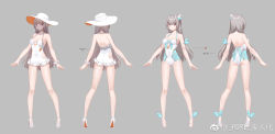 Rule 34 | 1girl, armlet, ass, bare legs, breasts, casual one-piece swimsuit, character sheet, covered navel, from behind, grey background, hair ornament, halterneck, hat, high heels, highres, light brown hair, long hair, looking at viewer, medium breasts, multiple views, one-piece swimsuit, original, purple eyes, simple background, smile, smile (mm-l), standing, sun hat, swimsuit, white one-piece swimsuit