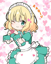 Rule 34 | 1girl, ;), alternate costume, apron, aqua dress, blonde hair, blue bow, blush, bow, center frills, collared dress, commentary request, dress, enmaided, frilled apron, frilled dress, frills, gochuumon wa usagi desu ka?, green eyes, hands up, heart, heart background, heart hands, kirima syaro, looking at viewer, maid, maid apron, maid headdress, mitya, one eye closed, pleated dress, revision, simple background, smile, solo, translation request, twitter username, white apron, white background, wrist cuffs