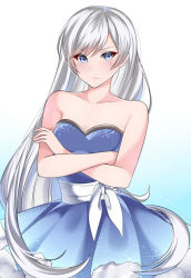 Rule 34 | 1girl, alternate hairstyle, artist name, bare arms, blue background, blue dress, blue eyes, blush, collarbone, colored eyelashes, crossed arms, dress, eyelashes, frilled dress, frills, frown, gradient background, hair down, lips, long hair, looking at viewer, rwby, sash, scar, scar across eye, scar on face, sleeveless, sleeveless dress, solo, sparkle, sunnypoppy, very long hair, weiss schnee, white background, white hair, white sash