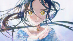 1girl absurdres black_hair blue_dress brown_eyes collarbone commentary_request dress highres jewelry kamisaki_hikaru kiku_re001 long_hair medalist_(manga) necklace parted_lips portrait reaching reaching_towards_viewer solo