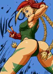 Rule 34 | 1girl, ahoge, antenna hair, arm up, armpits, ass, beret, blonde hair, blue eyes, braid, breasts, cammy white, capcom, elbow gloves, female focus, fingerless gloves, from behind, gloves, hat, huge ass, leoptard, leotard, long hair, looking back, muscular, oekaki, ragathol, scar, smile, solo, street fighter, tattoo, thighs, thong leotard, twin braids, v, victory pose