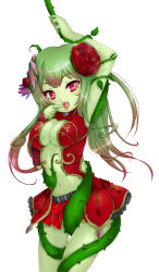 Rule 34 | 1girl, alraune, arm up, belt, botanical girl, breasts, brooch, cleavage, colored skin, flower, gradient hair, green hair, green skin, hair flower, hair ornament, highres, jewelry, large breasts, long hair, looking at viewer, monster girl, multicolored hair, navel, open mouth, original, piercing, plant, plant girl, red eyes, red flower, red hair, red rose, reni, ring, rose, simple background, skirt, solo, symbol-shaped pupils, thorns, tongue, tongue out, tongue piercing, two-tone hair, vines, white background