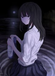 Rule 34 | 1girl, absurdres, black eyes, black hair, black skirt, blunt bangs, cowboy shot, dot nose, expressionless, from side, full moon, highres, holding, holding shoes, in water, kyano (kyanora3141), long hair, moon, night, night sky, open mouth, original, pleated skirt, ripples, school uniform, shirt, shoes, sidelocks, skirt, sky, solo, teeth, wading, water, white footwear, white shirt