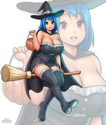 Rule 34 | 1girl, black cape, black footwear, black skirt, blue hair, boots, breasts, broom, broom riding, bucket, candy, cape, cleavage, curvy, erkaz, food, halloween, halloween costume, hat, huge breasts, looking at viewer, open mouth, original, purple eyes, rina atherina, sitting, skirt, smile, solo, strapless shirt, thick thighs, thighs, witch, witch hat, zoom layer