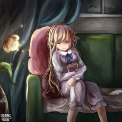 Rule 34 | 1girl, blonde hair, blue ribbon, book, closed eyes, commentary request, copyright name, couch, dress, feet out of frame, flower, frilled dress, frills, holding, holding book, kerberos blade, long hair, neck ribbon, on couch, open mouth, pointy ears, purple dress, ribbon, shimada sarasara, sleeping, solo, standing, yellow flower