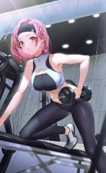 Rule 34 | 1girl, absurdres, bai ou (crazy ones), bare shoulders, black leggings, breasts, crazy ones, exercise, gym, highres, large breasts, leggings, official art, pink eyes, pink hair, shoes, short hair, sneakers, solo, sports bra, sportswear, weightlifting