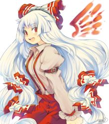 Rule 34 | 1girl, 2015, blush, bow, dated, fiery wings, fujiwara no mokou, hair bow, hair ornament, hair ribbon, iroyopon, long hair, long sleeves, looking at viewer, open mouth, pants, puffy sleeves, red eyes, ribbon, shirt, signature, simple background, smile, solo, touhou, upper body, white background, wings