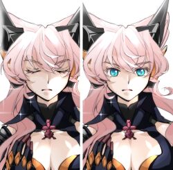 Rule 34 | 1girl, blue eyes, breasts, cleavage, closed eyes, collarbone, commentary request, frown, hair ears, hands on own breasts, headgear, hibiyakaren, highres, large breasts, long hair, looking at viewer, maria cadenzavna eve, pink hair, portrait, senki zesshou symphogear, sparkle, straight-on, white background