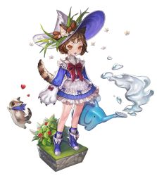 Rule 34 | 1girl, :3, :d, animal ears, animal hands, blue dress, blue footwear, blush, bow, brown eyes, brown hair, caca, cat, cat ears, cat paws, cat tail, dress, ears through headwear, fang, flower, food, fruit, hat, highres, holding, looking at viewer, open mouth, original, plant, raspberry, red bow, short hair, smile, socks, solo, standing, tail, v-shaped eyebrows, water, watering can, white background, white hat
