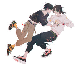 Rule 34 | 2boys, black footwear, black hair, black pants, black shirt, bracelet, brown hair, brown pants, casual, catching, character request, collared shirt, cross-laced footwear, eye contact, face-to-face, floating, from side, full body, gold trim, green eyes, groin, highres, jewelry, leaning forward, leaning on person, lieshang773, long sleeves, looking at another, lord of the mysteries, low ponytail, male focus, matching ring, midriff, midriff peek, multiple boys, navel, necklace, outstretched arm, outstretched arms, pants, parted lips, paw print, ponytail, print pants, print shirt, profile, purple eyes, ribbed legwear, ribbed socks, ring, ring necklace, shirt, shoe soles, shoes, short hair, simple background, smile, sneakers, socks, sparkle, surprised, suspenders hanging, tripping, undershirt, white background, wristband, yellow socks