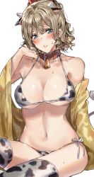 Rule 34 | 1girl, animal ears, animal print, bell, bikini, blue eyes, blush, breasts, collarbone, cow ears, cow horns, cow print, cow tail, cowbell, drill hair, fake horns, furisode, hair between eyes, hatakaze (kancolle), highres, horns, inusaka, japanese clothes, kantai collection, kimono, large breasts, light brown hair, navel, open mouth, ponytail, short hair, side-tie bikini bottom, simple background, solo, swimsuit, tail, thighhighs, white background, white bikini, white thighhighs