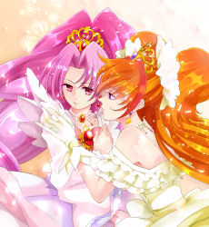 Rule 34 | 2girls, akagi towa, amanogawa kirara, bare shoulders, bow, brooch, brown hair, closed mouth, cure scarlet, cure scarlet (dress up premium), cure twinkle, cure twinkle (dress up premium), dress, earrings, expressionless, frills, gloves, go! princess precure, hair ornament, highres, jewelry, komanana320, long hair, looking at another, looking to the side, magical girl, multicolored hair, multiple girls, orange background, parted bangs, pink dress, pink hair, precure, profile, purple eyes, red bow, red eyes, red hair, star (symbol), star earrings, streaked hair, two-tone hair, upper body, yellow dress, yellow gloves