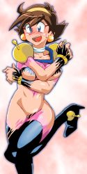 Rule 34 | 1girl, blue eyes, bodysuit, breasts, brown hair, covered erect nipples, g gundam, gundam, large breasts, looking at viewer, mobile trace suit, onnaski, pink bodysuit, rain mikamura, short hair, skin tight, solo, standing, torn clothes