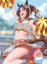Rule 34 | 1girl, animal ears, arm up, bare shoulders, belt, blurry, blurry background, chain, cloud, commission, cosplay, crop top, crop top overhang, glint, gold chain, hairband, highres, holding, holding pom poms, horse ears, horse girl, horse tail, king halo (umamusume), layered skirt, lens flare, looking up, midriff, navel, nekogusa kinako, nice nature (run&amp;win) (umamusume), nice nature (umamusume), nice nature (umamusume) (cosplay), open mouth, outdoors, pom pom (cheerleading), pom poms, ponytail, red eyes, red footwear, shirt, shoes, short hair, short shorts, shorts, skeb commission, skirt, sleeveless, sleeveless shirt, smile, sneakers, socks, solo, standing, standing on one leg, tail, umamusume, white shirt, white skirt, white socks, yellow shorts