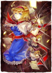 Rule 34 | 1girl, alice margatroid, bad id, bad pixiv id, blonde hair, blue eyes, book, bow, breasts, capelet, color ink (medium), cross-laced footwear, dress, facing away, flying, grimoire, grimoire of alice, hair bow, hairband, hand up, indoors, keiko (mitakarawa), lance, large breasts, leg up, light smile, lips, lolita hairband, long hair, looking at viewer, painting (medium), paper, polearm, puffy short sleeves, puffy sleeves, puppet rings, puppet strings, ribbon, ring, sash, shanghai, shanghai doll, short hair, short sleeves, solo, spread fingers, touhou, traditional media, weapon, window, wrist cuffs