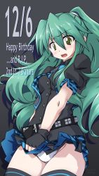 Rule 34 | 1girl, 547th sy, black shirt, black skirt, black vest, blue necktie, breasts, character name, collared shirt, embarrassed, green eyes, green hair, happy birthday, highres, idol clothes, long hair, looking down, medium breasts, muv-luv, muv-luv alternative, muv-luv alternative chronicles 03, necktie, panties, ponytail, rest in peace (phrase), shirt, skirt, solo, takahara moeka, thighhighs, underwear, vest, white panties