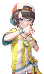 Rule 34 | 1girl, absurdres, angry, baseball cap, black hair, blood, blouse, green eyes, hat, highres, hololive, looking at viewer, oozora subaru, open mouth, shirt, short hair, short sleeves, shorts, simple background, solo, stopwatch, stopwatch around neck, taiga (ryukyu-6102-8), tomboy, v-shaped eyebrows, virtual youtuber, white background, white shorts, yellow shirt