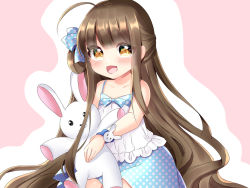Rule 34 | 1girl, :d, ahoge, bad id, bad pixiv id, bare shoulders, blue bow, blue skirt, blush, bow, brown eyes, brown hair, camisole, commentary request, hair bow, hair bun, long hair, looking at viewer, misaki (misaki86), open mouth, original, pink background, polka dot, polka dot bow, polka dot skirt, side bun, single hair bun, single side bun, sitting, skirt, smile, solo, stuffed animal, stuffed rabbit, stuffed toy, two-tone background, very long hair, white background, white camisole