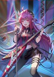 Rule 34 | 1girl, :d, ahoge, arknights, asymmetrical legwear, beret, black collar, black hat, black jacket, black necktie, black skirt, black thighhighs, blush, breasts, collar, commentary request, electric guitar, fang, feet out of frame, guitar, hat, highres, holding, holding instrument, holding microphone, horns, instrument, jacket, long hair, looking at viewer, microphone, microphone stand, midriff, miniskirt, navel, necktie, open mouth, pointy ears, red eyes, red hair, red shirt, shaoxiao, shirt, single leg pantyhose, single thighhigh, skin fang, skirt, smile, solo, stage, tail, thigh strap, thighhighs, uneven legwear, very long hair, vigna (arknights), vigna (black wave) (arknights)