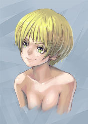 Rule 34 | 1girl, aro (charged time out), bad id, bad pixiv id, blonde hair, breasts, cleavage, face, green eyes, medium breasts, nude, original, short hair, solo