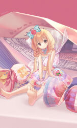 Rule 34 | 1girl, bare shoulders, barefoot, blonde hair, bow, braid, brown eyes, candy, candy wrapper, dress, feet, food, full body, futaba anzu, hair bow, highres, idolmaster, idolmaster cinderella girls, long hair, meisa, mini person, minigirl, multicolored clothes, multicolored dress, sitting, sleeveless, sleeveless dress, smile, solo, toes, twin braids, twintails, v arms, very long hair, wrist cuffs
