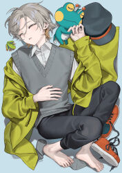Rule 34 | 1boy, absurdres, barefoot, bishounen, brown hair, closed eyes, collared shirt, creature, eyelashes, frog, from above, full body, gradient hair, grey hair, grey sweater vest, hair between eyes, hat, highres, jacket, knees up, lying, male focus, multicolored hair, on back, open clothes, open jacket, original, parted lips, shirt, shoes, short hair, sleeping, sneakers, solo focus, sweater vest, torino kawazu, unworn hat, unworn headwear, unworn shoes, unworn socks, white shirt, yellow jacket