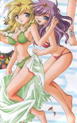 Rule 34 | 00s, 2girls, assisted exposure, bikini, bikini pull, blonde hair, broccoli (company), clothes pull, creature, dual persona, galaxy angel, galaxy angel rune, highres, kahlua marjoram, kanan, long hair, mimolette, multiple girls, non-web source, one eye closed, pulling another&#039;s clothes, purple hair, swimsuit, tequila marjoram, tiara, time paradox, undressing, wink