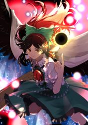 Rule 34 | 1girl, arm cannon, backlighting, bird wings, black hair, black socks, black wings, blouse, bow, brown eyes, cape, closed mouth, collared shirt, commentary, control rod, danmaku, eclipse, energy ball, floating hair, frilled shirt collar, frilled skirt, frills, glowing, green bow, green skirt, hair bow, hand up, highres, index finger raised, kerok (joniko1110), kneehighs, knees up, light particles, long hair, looking at viewer, outstretched leg, ponytail, puffy short sleeves, puffy sleeves, reiuji utsuho, shirt, short sleeves, sidelocks, skirt, smile, socks, solar eclipse, solo, starry sky print, sun, third eye, touhou, two-sided cape, two-sided fabric, weapon, white cape, white shirt, wings