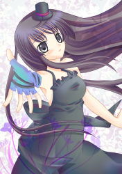 Rule 34 | 1girl, akiyama mio, alternate costume, alternate hairstyle, black dress, black eyes, black hair, blue thighhighs, blush, don&#039;t say &quot;lazy&quot;, dress, fingerless gloves, gloves, hat, hime cut, k-on!, long hair, looking at viewer, mini hat, mini top hat, open mouth, pantyhose, skirt, solo, thighhighs, top hat, very long hair