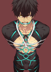 Rule 34 | 10s, 1boy, abs, arms behind back, bdsm, black hair, bulge, doudanuki masakuni, fangs, from above, looking at viewer, male focus, muscular, pectorals, restrained, rope, scar, shibari, shibari over clothes, solo, touken ranbu, yellow eyes