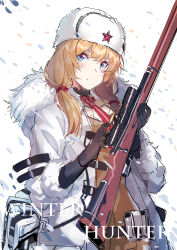 Rule 34 | 1girl, ammunition pouch, belt, blonde hair, blue eyes, bolt action, brown sweater, bullet, closed mouth, coat, commentary, echj, english text, fur-trimmed coat, fur hat, fur trim, girls&#039; frontline, gloves, gun, hat, highres, jacket, long hair, mod3 (girls&#039; frontline), mosin-nagant, mosin-nagant (girls&#039; frontline), mosin-nagant (mod3) (girls&#039; frontline), necktie, pouch, red star, ribbed sweater, rifle, scope, sniper rifle, snow, snowing, solo, star (symbol), sweater, ushanka, weapon, white hat, white jacket