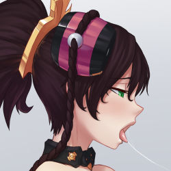 Rule 34 | 1girl, ar tonelico, blush, braid, brown hair, commentary, commission, cum, cum string, english commentary, green eyes, grey background, hair ornament, half-closed eyes, jiffic, misha arsellec lune, open mouth, ponytail, simple background, solo, tongue, tongue out