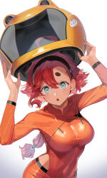 Rule 34 | 1girl, :o, absurdres, ahoge, aqua eyes, black hairband, commentary request, gundam, gundam suisei no majo, hair between eyes, hairband, unworn headwear, helmet, unworn helmet, highres, holding, holding helmet, long hair, long sleeves, looking at viewer, low ponytail, naruse hirofumi, open mouth, orange shirt, red hair, shirt, short eyebrows, solo, suletta mercury, taut clothes, thick eyebrows, upper body, white background, yellow headwear