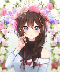 Rule 34 | 1girl, bare shoulders, black vest, blue eyes, blush, braid, braided ponytail, breasts, brown hair, commentary request, finger to cheek, floral background, flower, hair between eyes, hair flower, hair ornament, hair over shoulder, hand up, highres, kantai collection, long hair, looking at viewer, medium breasts, nuka (nvkka), off-shoulder shirt, off shoulder, pink flower, purple flower, red flower, shigure (kancolle), shirt, single braid, smile, solo, upper body, vest, white flower
