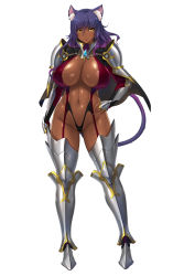 Rule 34 | 1girl, animal ears, aoi nagisa (metalder), armor, armored boots, bikini armor, blue hair, boots, breasts, capelet, cat ears, cat tail, dark-skinned female, dark elf, dark skin, delva celebrian, elf, female focus, full body, gradient hair, highres, huge breasts, long hair, monster girl, multicolored hair, navel, official art, pointy ears, purple hair, serious, shiny skin, simple background, solo, tail, thigh boots, thighhighs, white background, yellow eyes, youkoso! sukebe elf no mori e