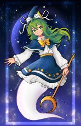 Rule 34 | 1girl, blue capelet, border, capelet, celebelian, crescent, facing viewer, full body, ghost tail, green eyes, green hair, hat, highres, long hair, long sleeves, mima (touhou), moon, night, night sky, sky, smile, solo, staff, sun print, sun symbol, touhou, touhou (pc-98), twitter username, witch hat, wizard hat