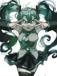 Rule 34 | 1girl, aqua eyes, aqua hair, aqua nails, aqua necktie, black skirt, black sleeves, detached sleeves, double v, hair ornament, hatsune miku, highres, kingyey16, long hair, looking at viewer, m@gical cure! love shot! (vocaloid), necktie, open mouth, pleated skirt, portuguese commentary, skirt, solo, star-shaped pupils, star (symbol), symbol-shaped pupils, teeth, twintails, v, v-shaped eyebrows, vocaloid, white background