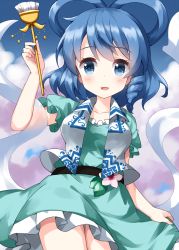 Rule 34 | 1girl, :d, aqua dress, arm up, belt, blue background, blue eyes, blue hair, blush, breasts, collarbone, commentary request, cowboy shot, dress, drill hair, drill sidelocks, flower, frills, gradient background, hagoromo, hair ornament, hair rings, hair stick, hand up, highres, holding, holding clothes, holding skirt, holding stick, kaku seiga, looking at viewer, medium breasts, medium hair, open clothes, open mouth, open vest, petticoat, pink flower, puffy short sleeves, puffy sleeves, purple background, ruu (tksymkw), shawl, short sleeves, sidelocks, simple background, single drill, skirt, skirt hold, smile, smoke, solo, standing, stick, swept bangs, touhou, vest, white vest