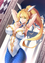 Rule 34 | 1girl, ahoge, animal ears, armpits, arms behind head, arms up, artoria pendragon (all), artoria pendragon (fate), artoria pendragon (swimsuit ruler) (fate), blonde hair, blue neckwear, blue pantyhose, braid, breasts, cleavage, clothing cutout, detached collar, fake animal ears, fate/grand order, fate (series), feather boa, fishnet pantyhose, fishnets, french braid, green eyes, hair between eyes, highleg, highleg leotard, highres, large breasts, leotard, limeblock, long hair, looking at viewer, navel, navel cutout, pantyhose, playboy bunny, ponytail, rabbit ears, sidelocks, solo, tiara, white leotard, wrist cuffs