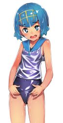 Rule 34 | 1girl, :d, alternate color, blue eyes, blue hair, blue sailor collar, blush, clothes pull, covered navel, creatures (company), dark-skinned female, dark skin, game freak, h kasei, lana (pokemon), matching hair/eyes, nintendo, one-piece swimsuit, one-piece swimsuit pull, open mouth, pokemon, pokemon sm, sailor collar, school swimsuit, shiny clothes, short hair, simple background, smile, solo, swimsuit, tan, tanline, wet, white background