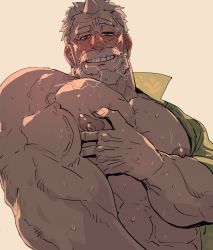 Rule 34 | 1boy, abs, bara, bare pectorals, beard, blush, breath, facial hair, grabbing, highres, hogen (housamo), horns, large pectorals, looking at viewer, male focus, manly, muscular, nipples, old, old man, pectoral grab, pectoral press, pectorals, rybiok, short hair, single horn, solo, sweat, tokyo houkago summoners, upper body, veins, white hair, yellow eyes