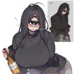 Rule 34 | 1girl, ahoge, artist name, artist self-reference, bags under eyes, beer bottle, black eyes, black hair, black nails, blush, bottle, breasts, closed mouth, cyclops, dated, english text, grey background, heart, heart-shaped pupils, highres, holding, holding bottle, huge breasts, jitome, leaning forward, long hair, long sleeves, looking at viewer, monster girl, multiple views, muroku (aimichiyo0526), one-eyed, original, outline, pants, parted lips, simple background, sleeves past wrists, symbol-shaped pupils, thick eyebrows, twitter username, upper body, white background, white outline