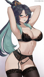 Rule 34 | 1girl, absurdres, aqua hair, aqua lips, armpits, arms up, bare arms, bare shoulders, black bra, black hair, black thighhighs, blue eyes, bra, breasts, cloud retainer (genshin impact), colored eyelashes, colored inner hair, commentary, cowboy shot, garter belt, genshin impact, glasses, gradient background, grey background, highres, hioyami, large breasts, long hair, multicolored hair, navel, panties, red-framed eyewear, solo, stomach, thighhighs, underwear, very long hair, white background, xianyun (genshin impact)