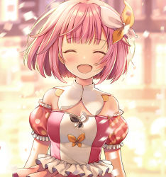 Rule 34 | 1girl, :d, ^ ^, asymmetrical sleeves, banned artist, bare shoulders, blurry, blurry background, blush, breasts, closed eyes, confetti, depth of field, detached sleeves, facing viewer, frilled sleeves, frills, hair ornament, medium breasts, mismatched sleeves, ootori emu, open mouth, pink hair, project sekai, puffy short sleeves, puffy sleeves, short sleeves, smile, solo, yuuka nonoko