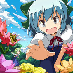 Rule 34 | &gt;:d, 2girls, :d, :o, blue eyes, blue hair, bow, bug, butterfly, cirno, daiyousei, embodiment of scarlet devil, flower, foreshortening, green hair, insect, looking at another, looking at viewer, multiple girls, open mouth, pov, reaching, reaching towards viewer, ribbon, short hair, smile, touhou, tsuyuki, tsuyuki (yukitgraph), v-shaped eyebrows, wings